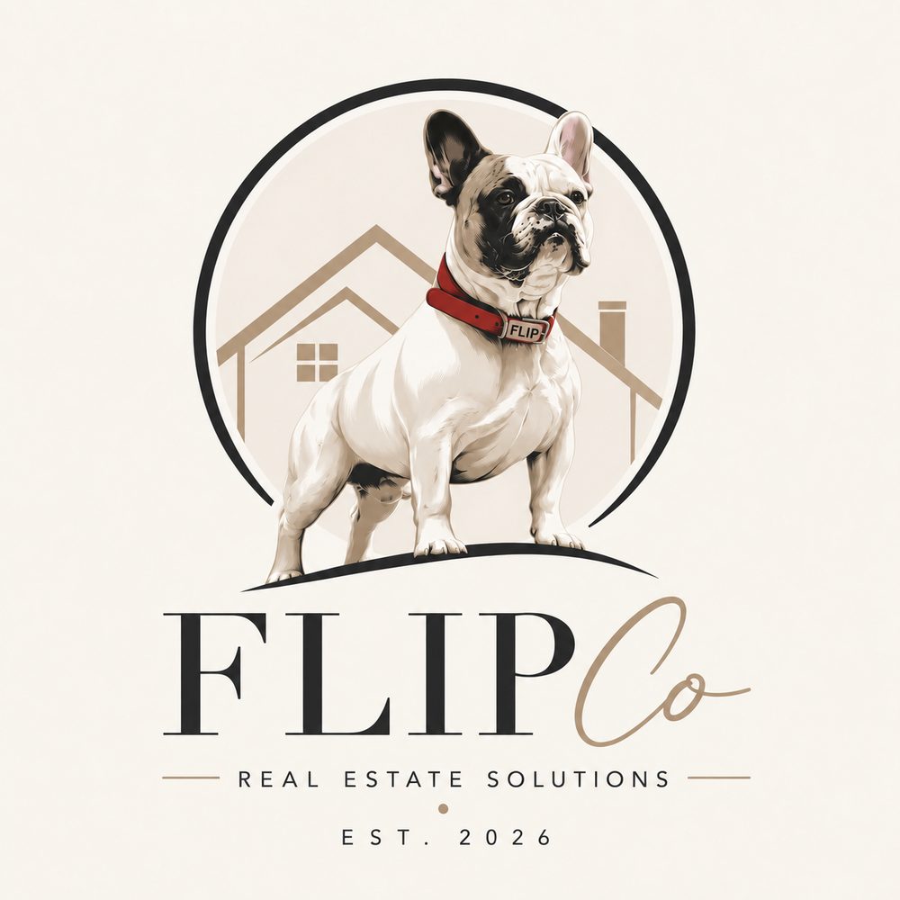 FlipCo logo featuring Flip, the French Bulldog mascot, with the nameplate on his red collar