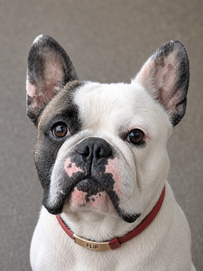 Flip, the FlipCo French Bulldog mascot, standing proudly